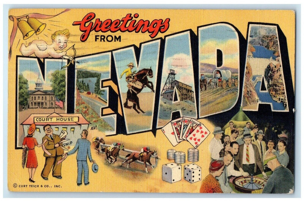 1942 Greetings From Nevada NV Banner Large Letters Barstow California Postcard