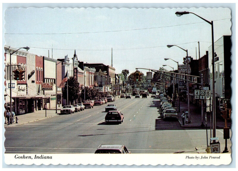 1960 Busy Day Road Street Buildings Classic Cars Goshen Indiana Vintage Postcard