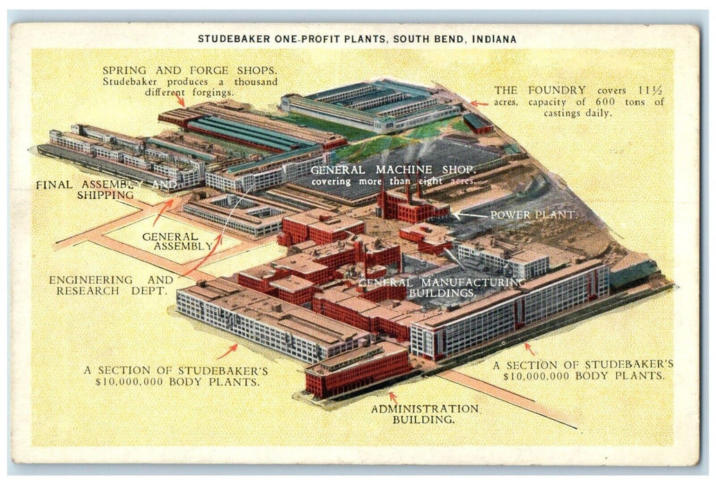 1920 Aerial View Studebaker One Profit Plant South Bend Indiana Antique Postcard