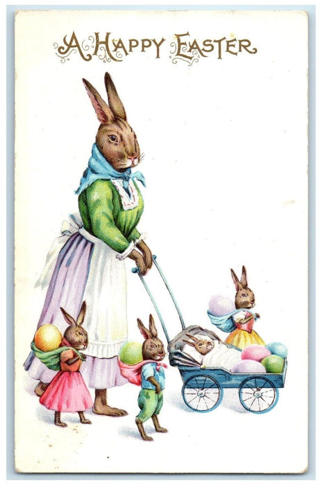 c1910's Happy Easter Anthropomorphic Rabbit Pulling Cart Eggs Embossed Postcard