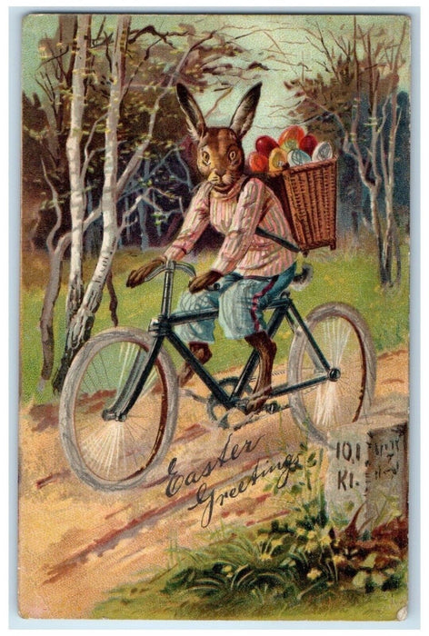 c1950 Easter Greetings Anthropomorphic Bicycle With Basket Egg Embossed Postcard