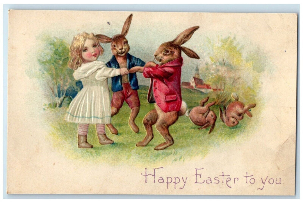 1907 Easter Girl And Anthropomorphic Rabbit Playing Embossed Clapsaddle Postcard
