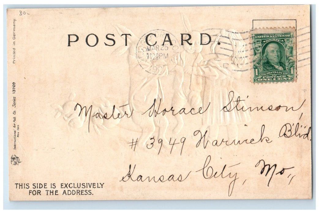 1907 Easter Girl And Anthropomorphic Rabbit Playing Embossed Clapsaddle Postcard
