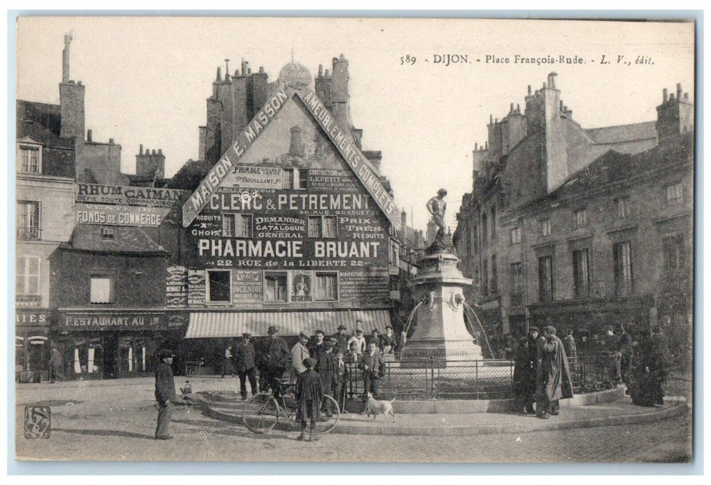 c1910 Restaurant Pharmacy Place Francois Rude LV Dijon France Antique Postcard