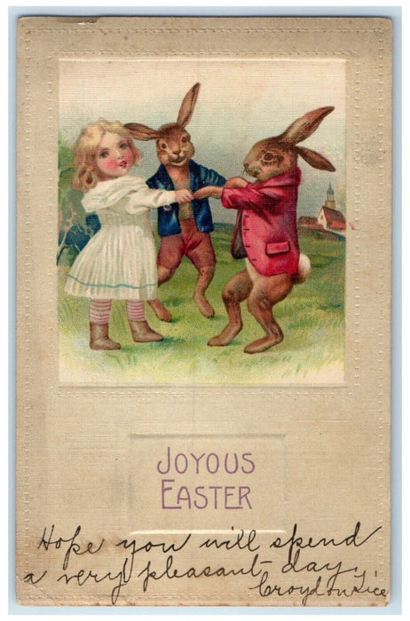 Easter Anthropomorphic Girl Rabbit Playing Clapsaddle Bridgeport CT Postcard
