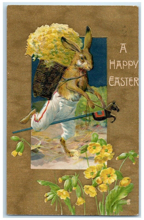 1908 Easter Anthropomorphic Rabbit Hobby Horse With Basket Of Flowers Postcard
