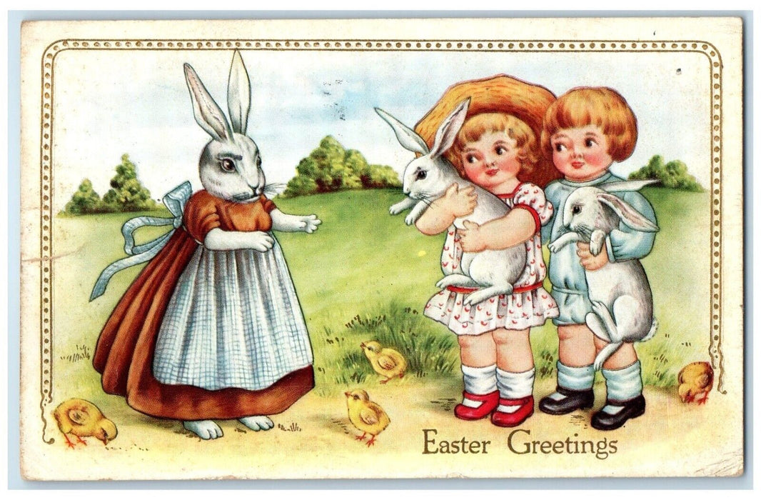 1915 Easter Greetings Anthropomorphic Rabbit Children Holding Bunnies Postcard