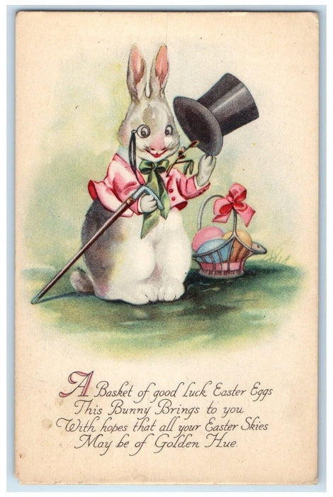 1919 Easter Anthropomorphic Rabbit Hat Basket Eggs Gibson Litchfield CT Postcard
