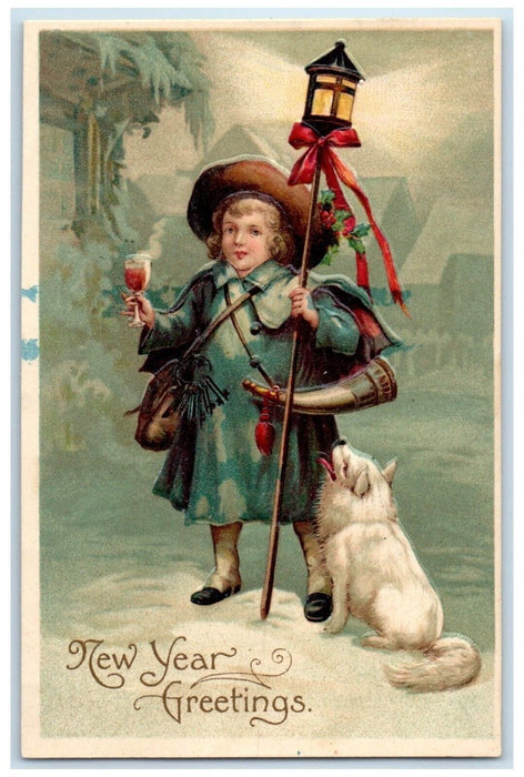 c1910's New Year Greetings Boy Cornucopia Lantern Husky Dog Embossed Postcard