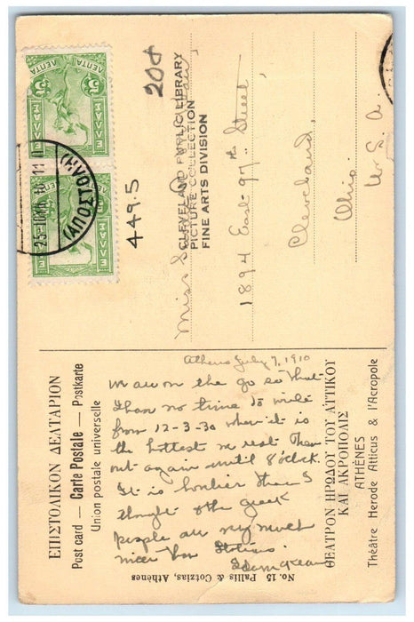 1910 Herodes Atticus Theatre & The Acropolis Athens Greece Antique Postcard