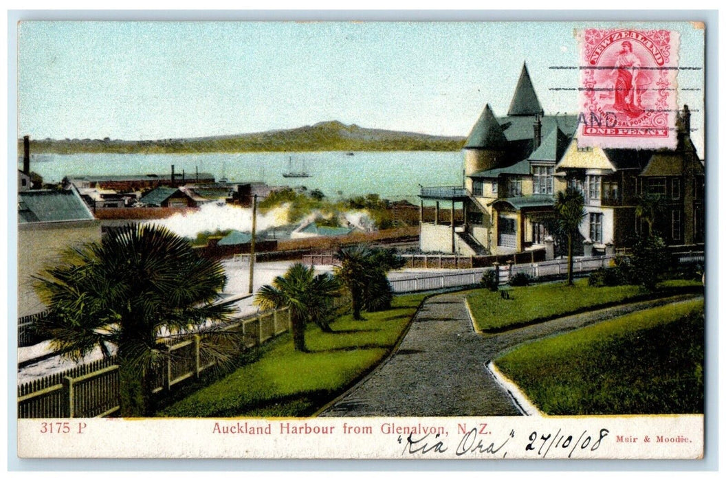 1908 Auckland Harbour From Glenalvon New Zealand Posted Antique Postcard