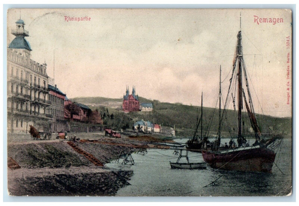 1908 Schooner Boat Landing Remagen Rheinpartie Germany Antique Postcard