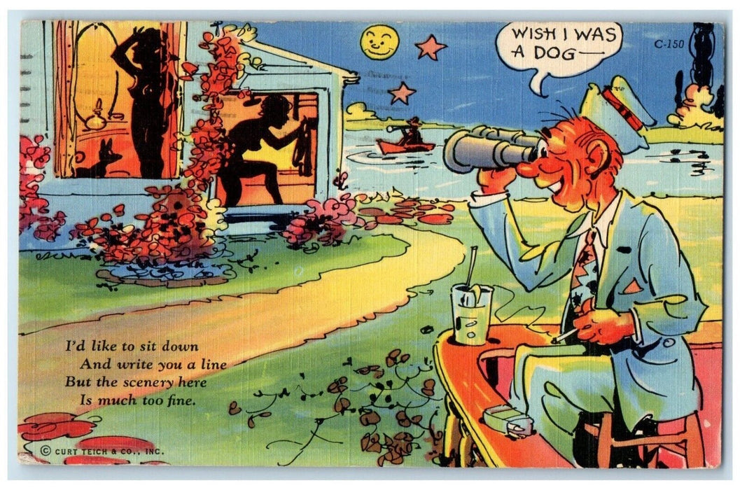 1951 Man Peeping Girls Bathing Dog Risque Comic Humor Largo Florida FL Postcard