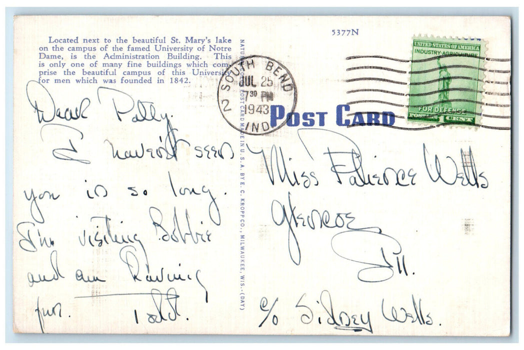 1943 Administration Building Notre Dame University South Bend IN Postcard