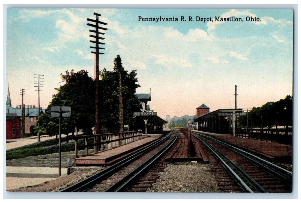 c1930's Pennsylvania R.R. Train Station Depot Massillon Ohio OH Vintage Postcard