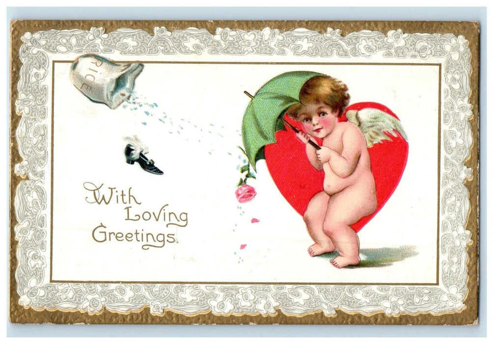 1910 Valentine Greetings Cupid Hiding Umbrella Heart Rice Shoes Tuck's Postcard