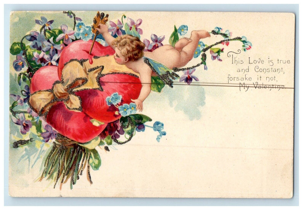 Valentine Floating Angel Cupid Arrow Hearts Pansies Flowers Glitters Postcard