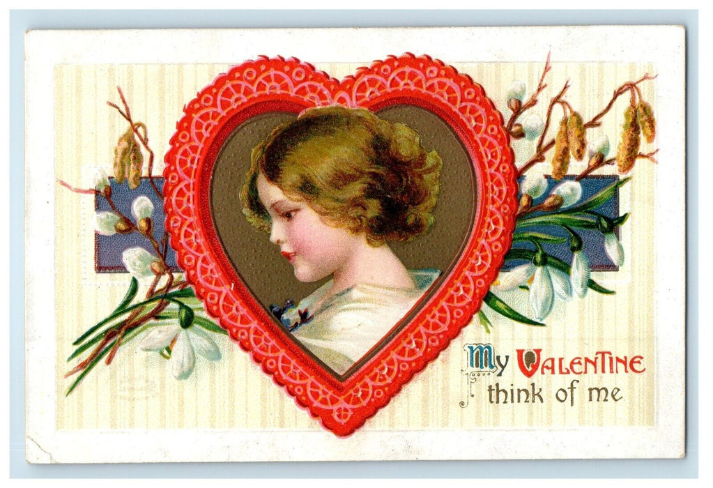 c1910's Valentine Girl In Big Heart Pinecone Holly Embossed Antique Postcard