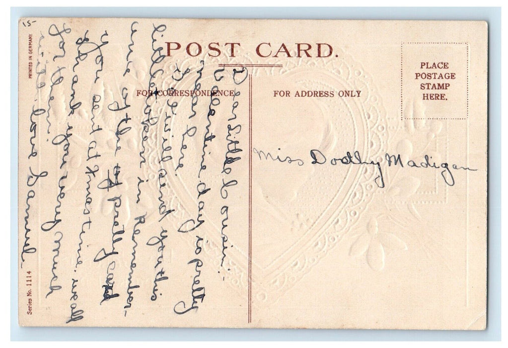 c1910's Valentine Girl In Big Heart Pinecone Holly Embossed Antique Postcard