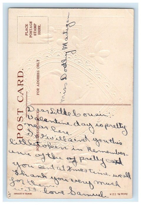 c1910's Valentine Girl In Big Heart Pinecone Holly Embossed Antique Postcard