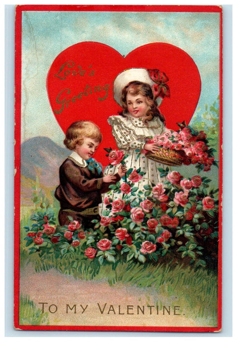 c1910's Valentine Greetings Big Heart Girl Boy Picking Flowers Embossed Postcard