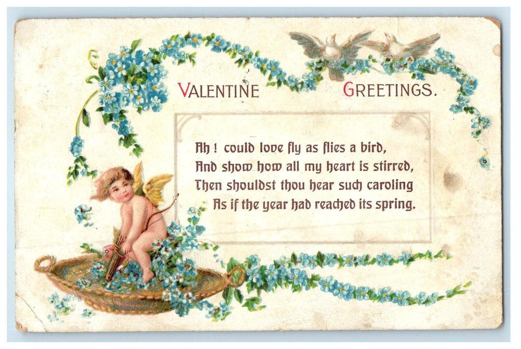 1915 Valentine Greetings Angel Cupid Flying Basket Flowers Embossed Postcard