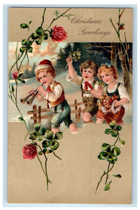 c1910's Christmas Greetings Childrens Singing Flute Shamrock Embossed Postcard