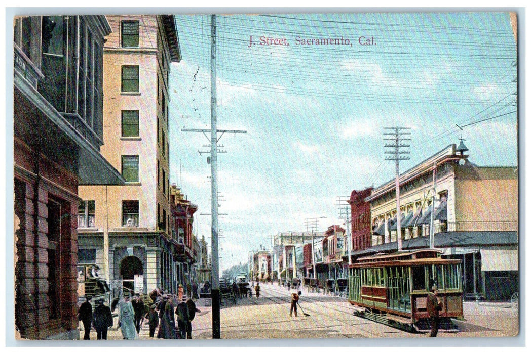 1910 J Street Trolley Train Scene Sacramento California CA Antique Postcard