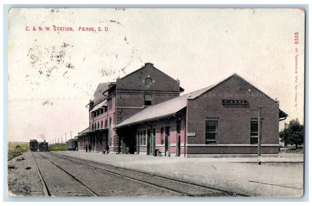 1910 C. & N. W. Depot Station Railroad Train Pierre South Dakota SD Postcard