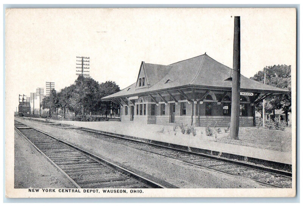 1936 New York Central Depot Train Station Railroad Wauseon Ohio OH Postcard