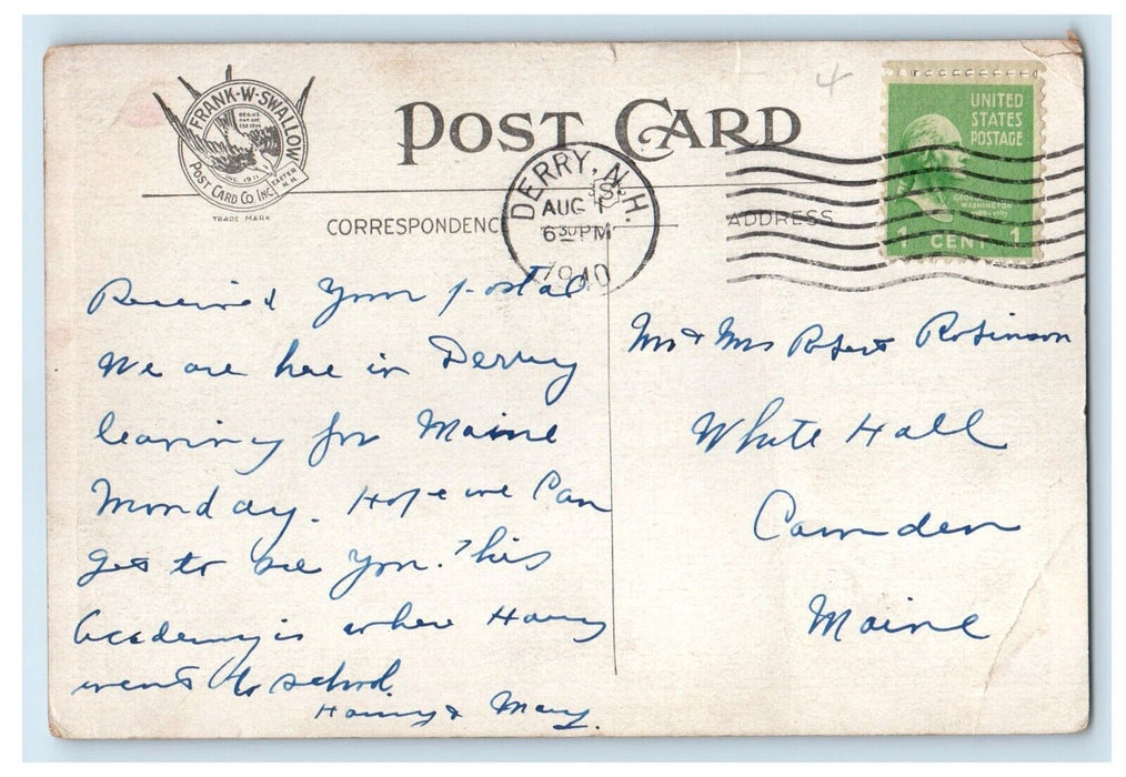 1940 Pinkerton Academy Building Derry New Hampshire NH Posted Vintage Postcard