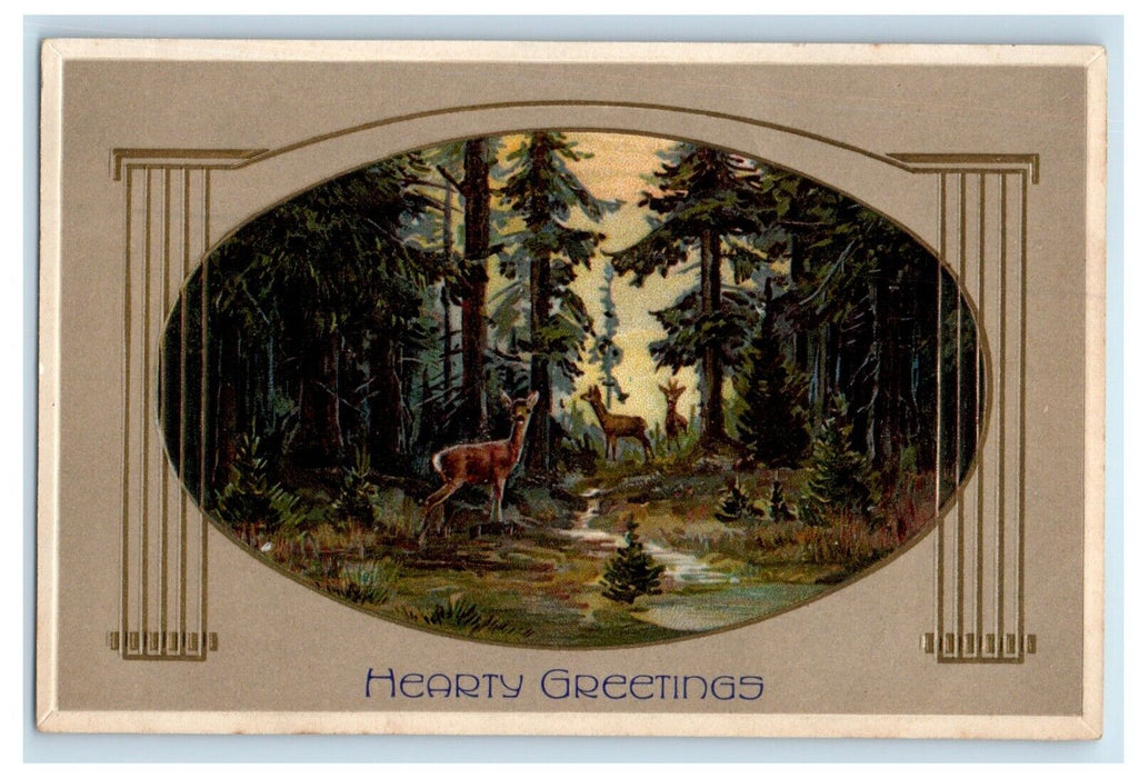 c1910's Hearty Greetings Art Nouveau Deer In The Forest Embossed Postcard