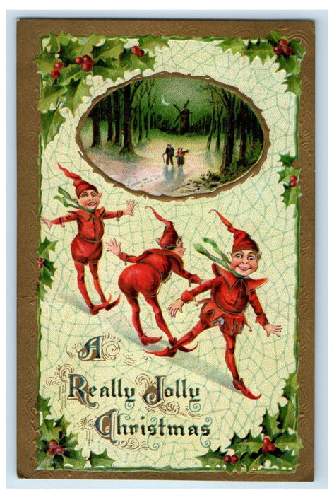 c1910's Christmas Three Elves Playing Windmill Moon Crescent Embossed Postcard