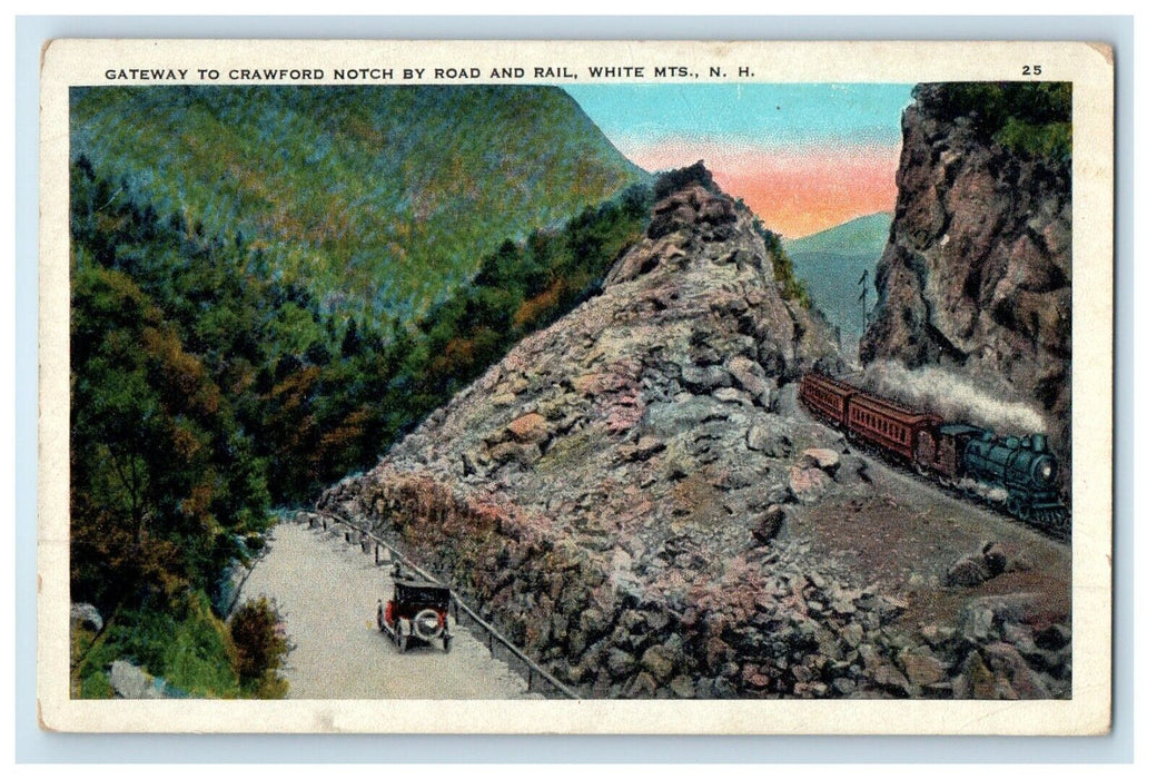 Gateway To Crawford Notch By Road And Rail Car White Mountains NH Postcard