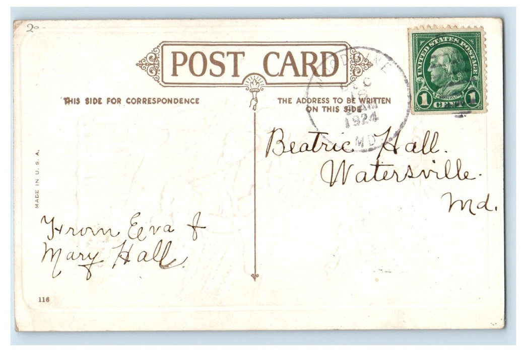 1924 Merry Christmas Childrens Sled Winter Snow Holly Berries Embossed Postcard