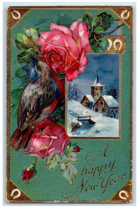 1910 Happy New Year Bird Roses Flowers Horseshoe Gel Gold Gilt Antique Postcard