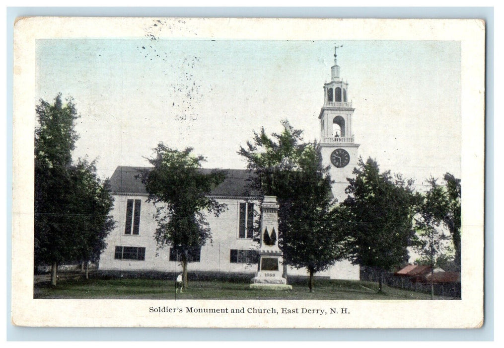 1915 Soldier's Monument And Church East Clock Derry New Hampshire NH Postcard