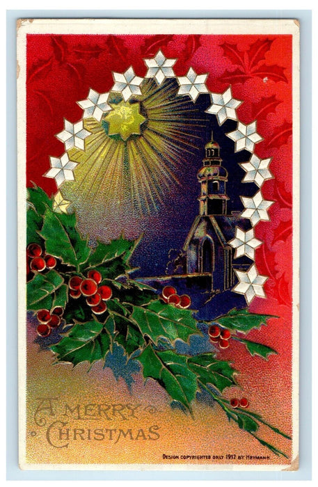 c1910's Christmas Greetings Church Holly Berries Embossed Heymann Postcard