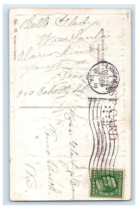 1910 Merry Christmas Two Girls Carrying Pine Tree Holly Embossed Posted Postcard