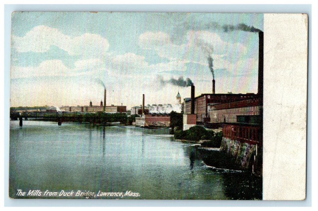 c1906 The Mills from Duck Bridge, Lawrence, Massachusetts MA Antique Postcard