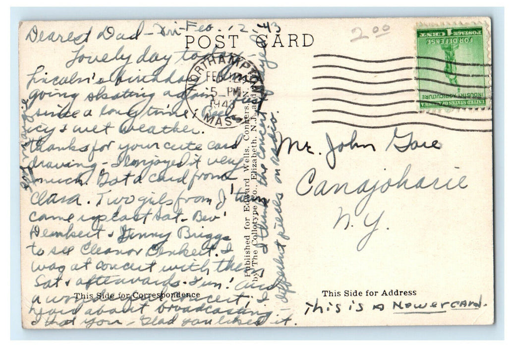 1943 College Hall, Smith College, Northampton Massachusetts MA Posted Postcard