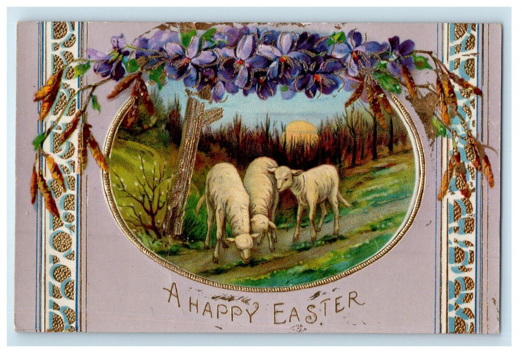 1913 Easter Lamb Pansies Flowers Pinecone Gel Gold Gilt Embossed Postcard