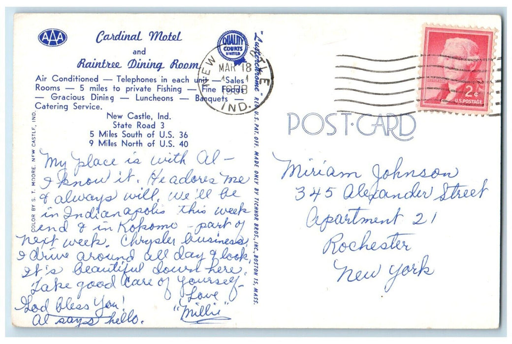 1958 Cardinal Motel And Raintree Dining Room New Castle Indiana IN Postcard