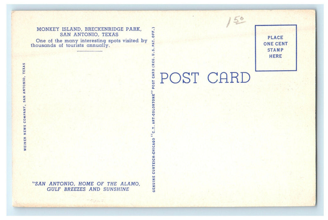 c1940s Monkey Island, Breckenridge Park, San Antonio, Texas TX Postcard