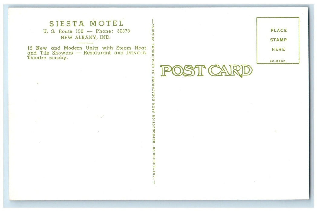 c1950's Siesta Motel Roadside New Albany Indiana IN Unposted Vintage Postcard