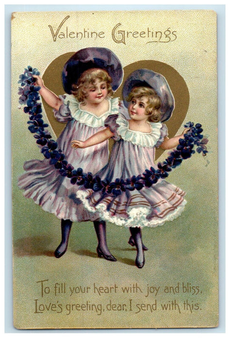 1910 Valentine Greetings Girls Pansies Flowers Heart Embossed Tuck's Postcard