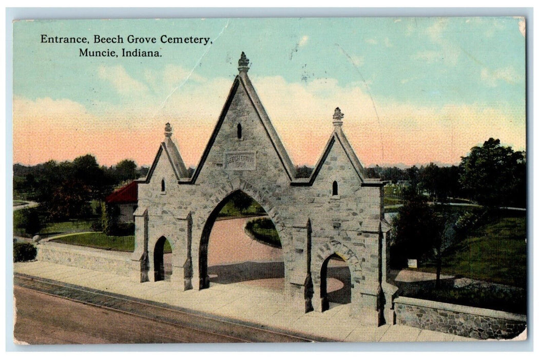 1910 Entrance Beech Grove Cemetery Muncie Indiana IN Posted Antique Postcard