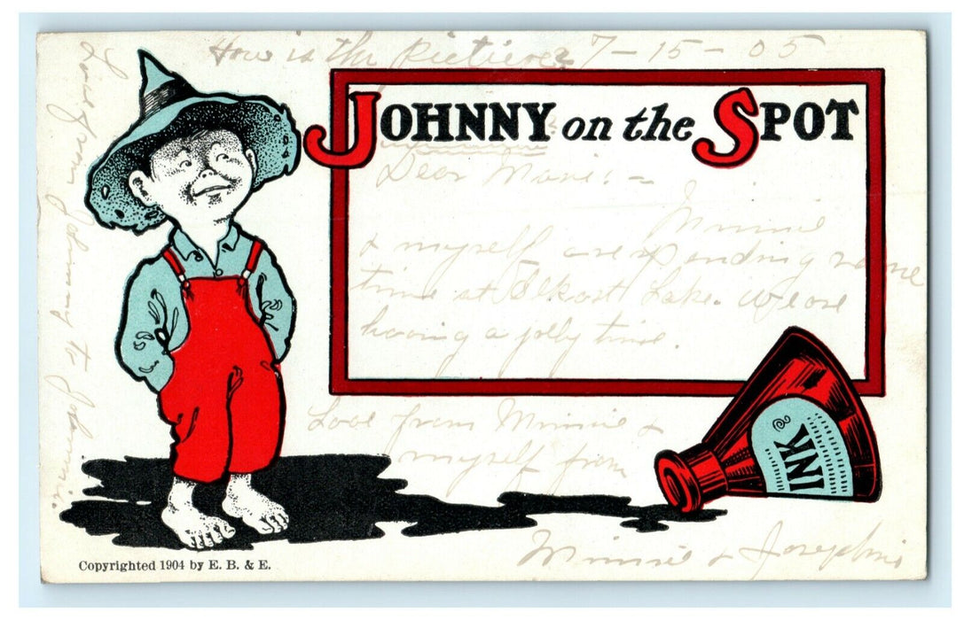 1905 Johnny on the Spot Ink Well Comic Elkhart Wisconsin Posted Antique Postcard