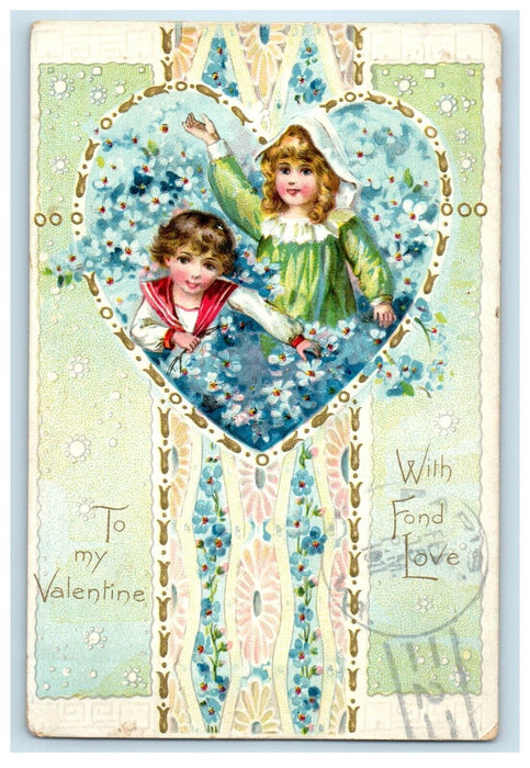 1911 Valentine Two Girls In Big Heart Pansies Flowers Embossed Antique Postcard