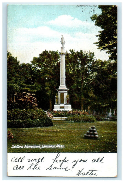 c1905 Soldiers Monument, Lawrence, Massachusetts MA Antique Posted Postcard